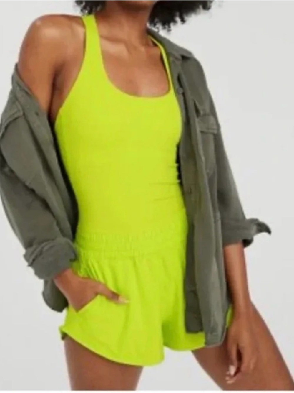 OFFLINE by Aerie Neon Lime Green Real Me Hot Stuff Athletic Romper, Size M